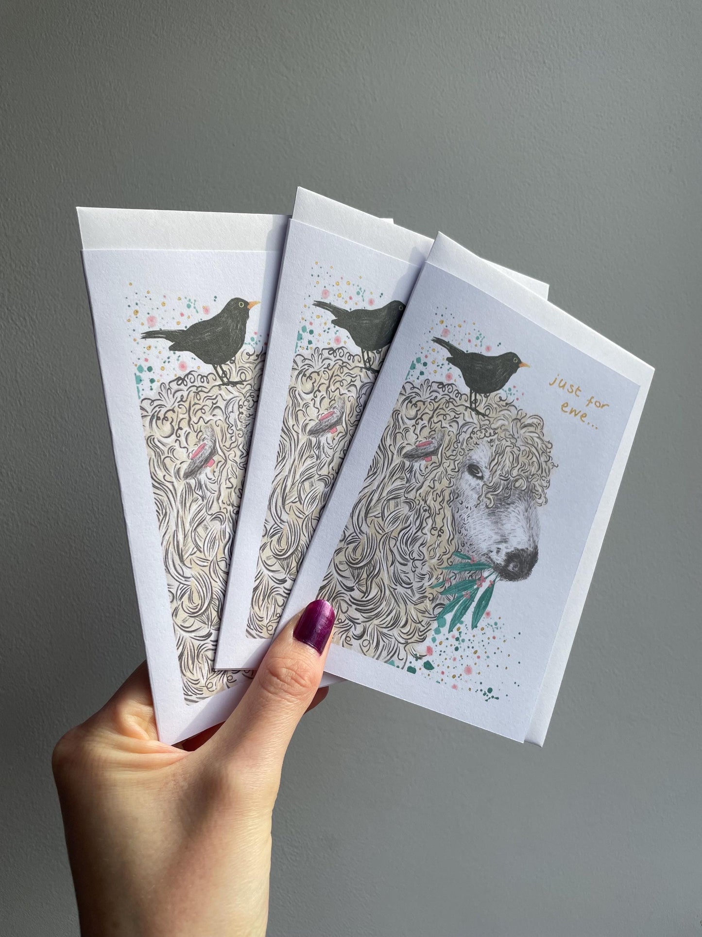 Sheep and blackbird A6 Cards, set of 3: Handmade, Gold details, FAST DELIVERY