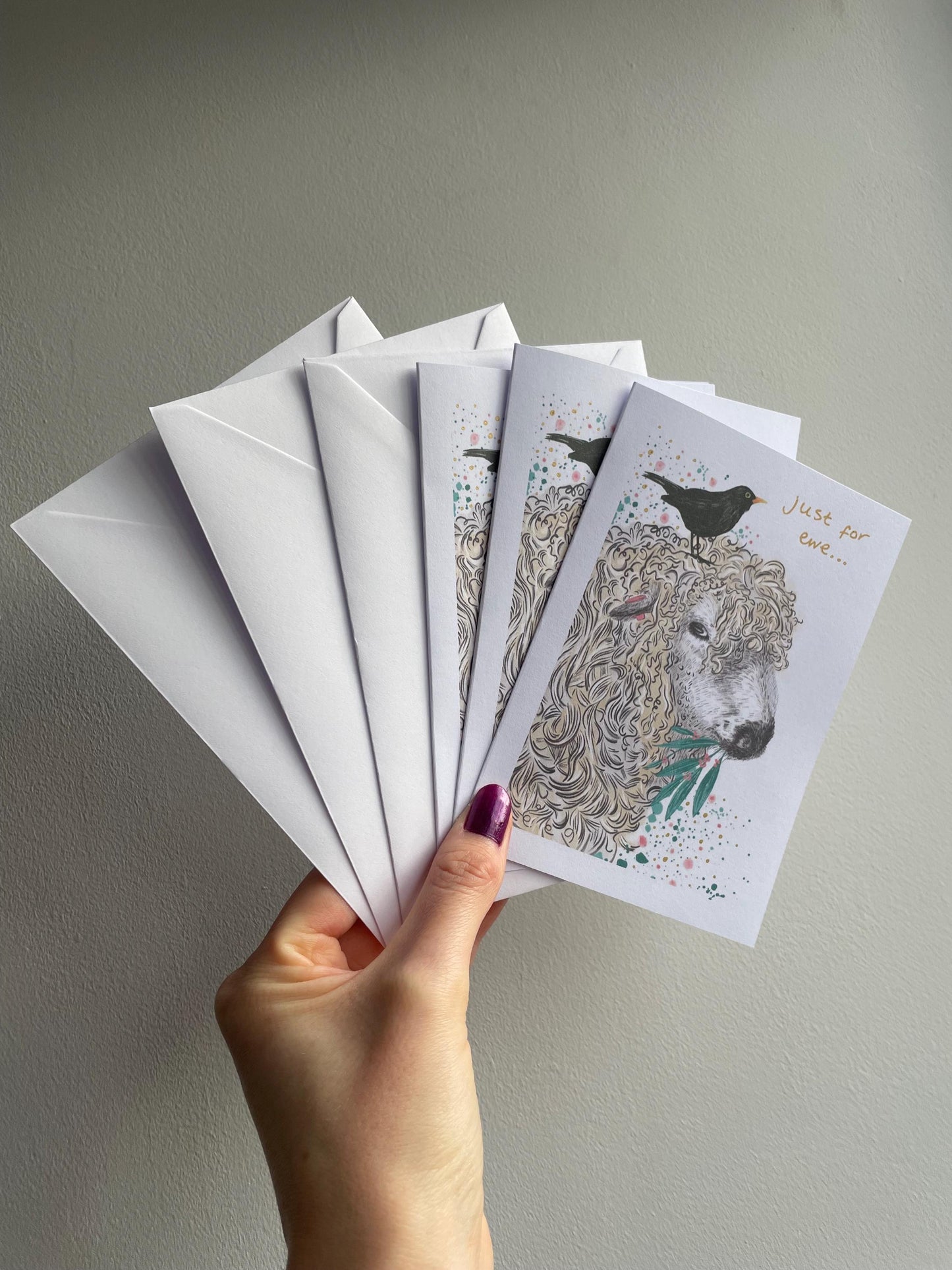 Sheep and blackbird A6 Cards, set of 3: Handmade, Gold details, FAST DELIVERY
